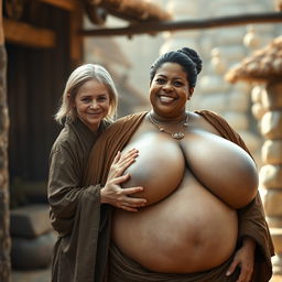 In a medieval village, a very short and undernourished happy blonde woman is dressed in a long, fully closed Buddhist robe, with her medium-length blonde hair parted in the middle