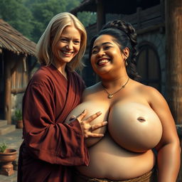 In a medieval village, a very short and undernourished happy blonde woman is wearing a long, fully closed Buddhist robe, with her medium-length blonde hair parted in the middle