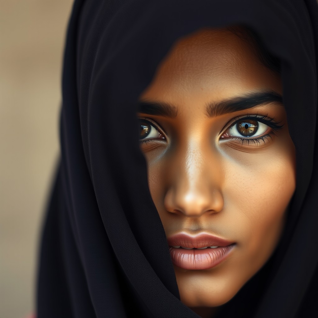 A stunningly beautiful Indian woman wearing a traditional burka hijab, with only her captivating eyes visible