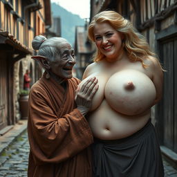 In a medieval village, an elderly black woman who is very short and undernourished, featuring rotten teeth and elf-like ears, is adorned in a long, fully-closed Buddhist robe