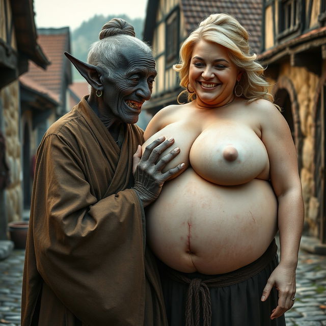 In a medieval village, an elderly black woman, very short, with dark skin, undernourished, has rotten teeth and elf-like ears