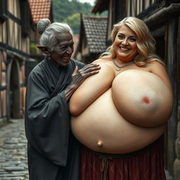 In a medieval village, an elderly black woman, very short, with dark skin, undernourished, has rotten teeth and elf-like ears