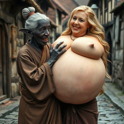 In a medieval village, an elderly black woman, very short, with dark skin, undernourished, has rotten teeth and elf-like ears