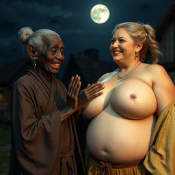 In a medieval village at night, a very short, elderly black woman with a deep complexion and malnourished appearance displays crooked teeth and pointed ears