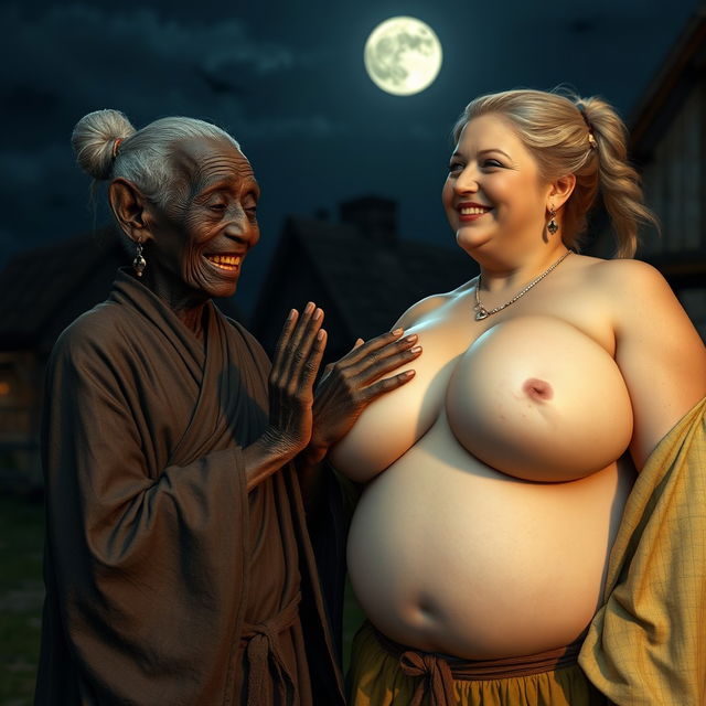 In a medieval village at night, a very short, elderly black woman with a deep complexion and malnourished appearance displays crooked teeth and pointed ears