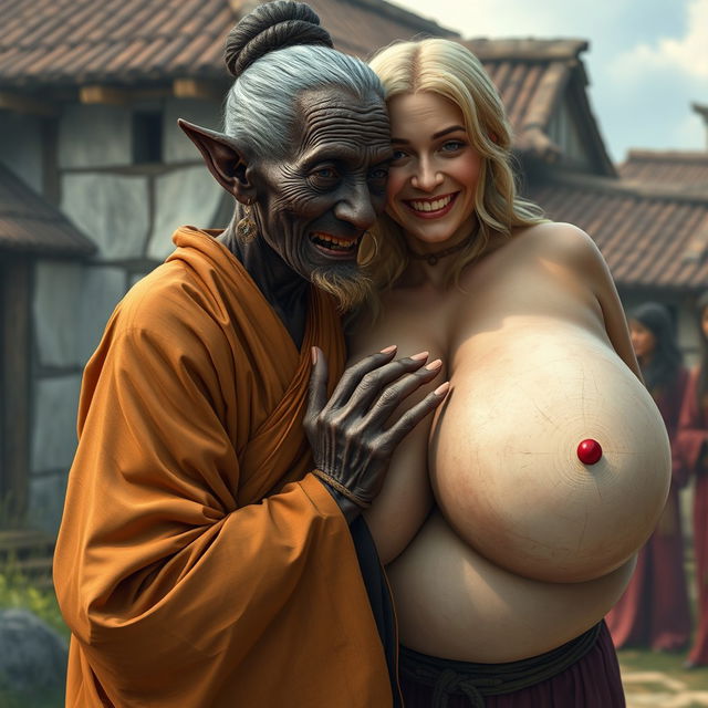 In a medieval village, an elderly black woman with very dark skin, notably short and emaciated with rotten teeth and elfin ears, is dressed in a long, fully closed Buddhist robe