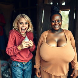 In a poor shack, there is a vibrant scene featuring a 22-year-old eccentric malnourished woman with medium-length blonde hair and bright blue eyes, energetically screaming with a wide, playful grin while holding a baby bottle