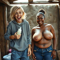 In a poor shack, there is a vibrant scene featuring a 22-year-old eccentric malnourished woman with medium-length blonde hair and bright blue eyes, energetically screaming with a wide, playful grin while holding a baby bottle