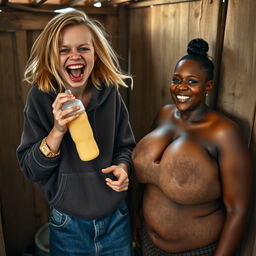 In a poor shack, there is a vibrant scene featuring a 22-year-old eccentric malnourished woman with medium-length blonde hair and bright blue eyes, energetically screaming with a wide, playful grin while holding a baby bottle