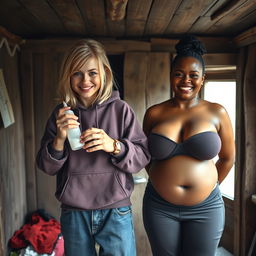 In a modest shack, there is a vibrant scene featuring a 22-year-old eccentric malnourished woman with medium-length blonde hair and bright blue eyes