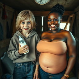 In a modest shack, there is a vibrant scene featuring a 22-year-old eccentric malnourished woman with medium-length blonde hair and bright blue eyes