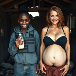 In a dilapidated, abandoned shack, a sinister 19-year-old African woman stands with deep black skin, holding a baby bottle filled with milk