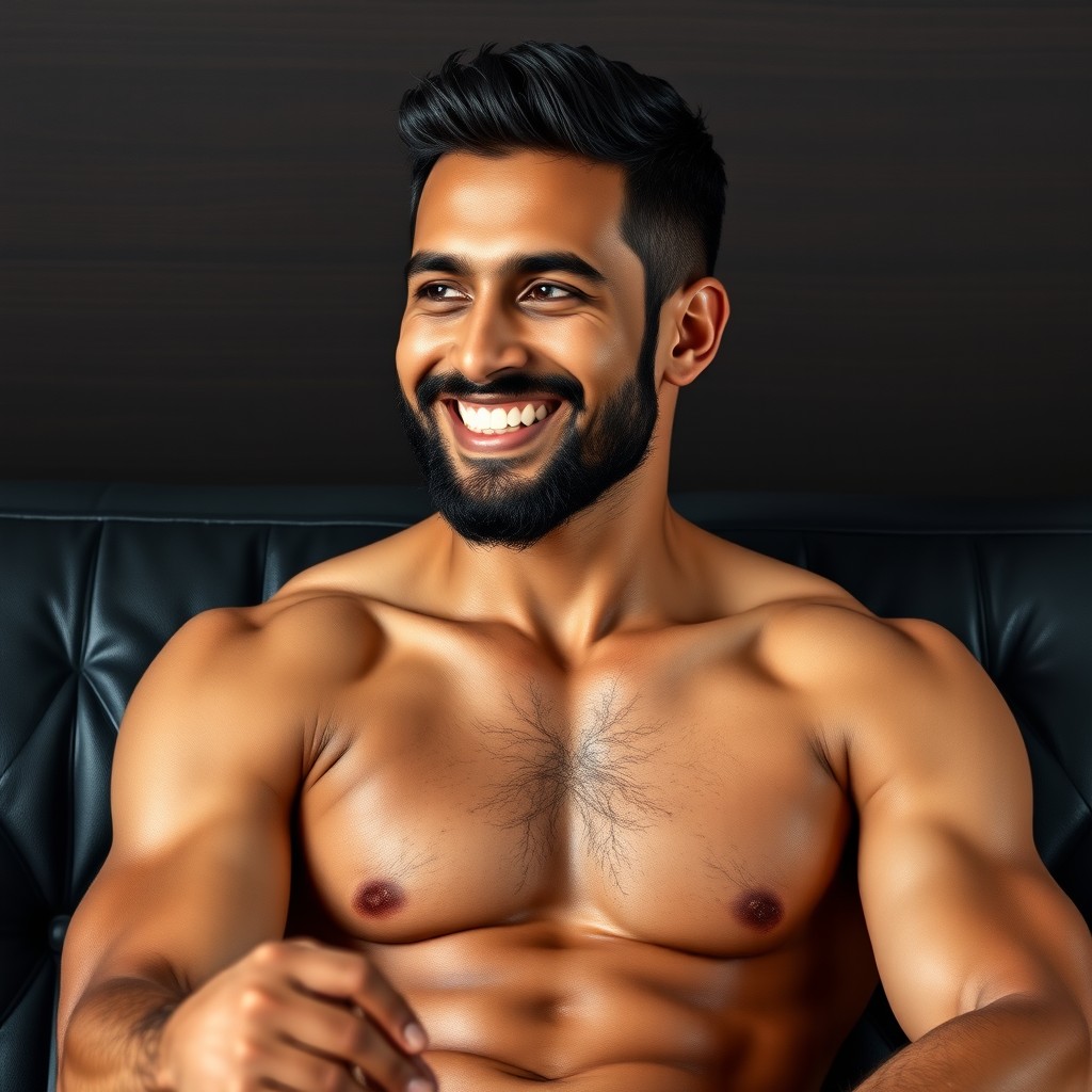 A smiling South Asian man, with a neat beard and short black hair, is sitting confidently on a dark black leather sofa