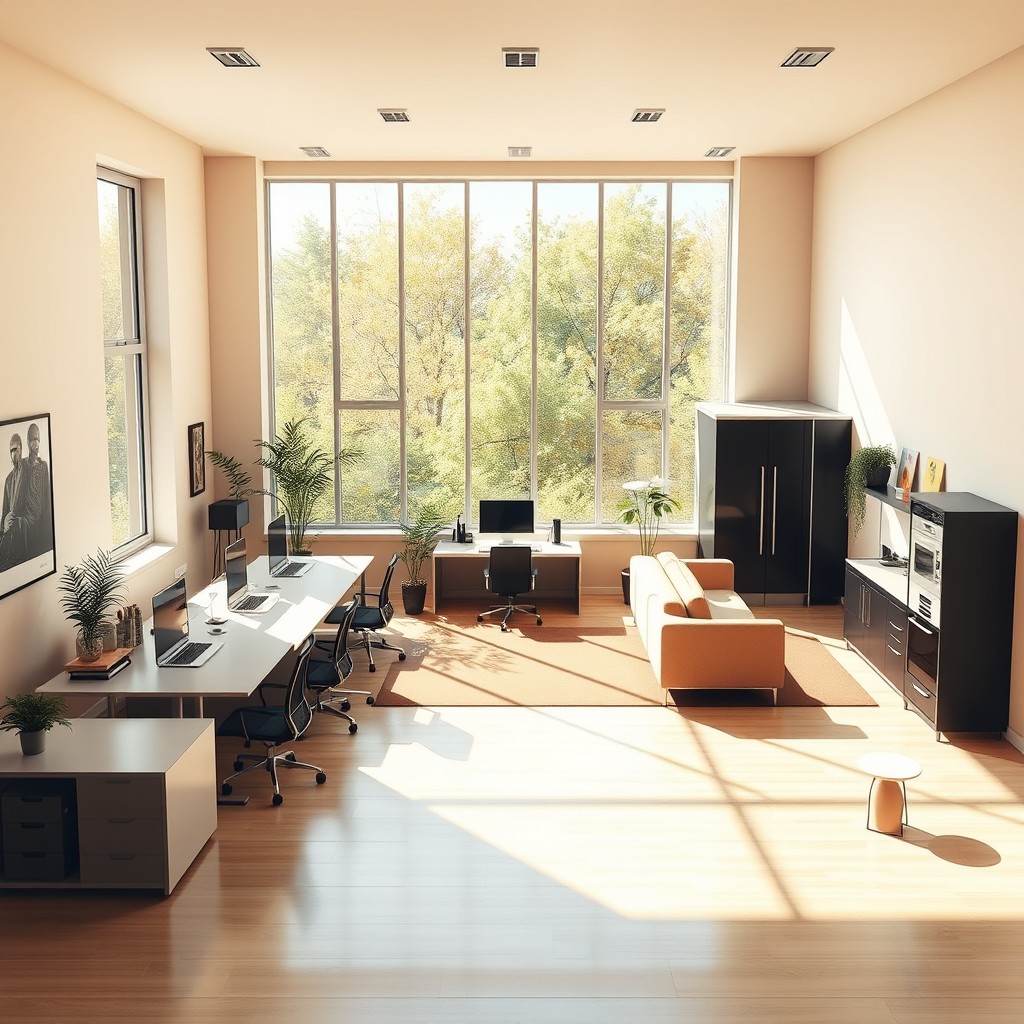 A spacious office layout design for three employees, featuring a large eastern-facing window that fills the space with natural light