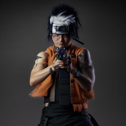 Kakashi Hatake from Naruto confidently holding a gun, ready for action.