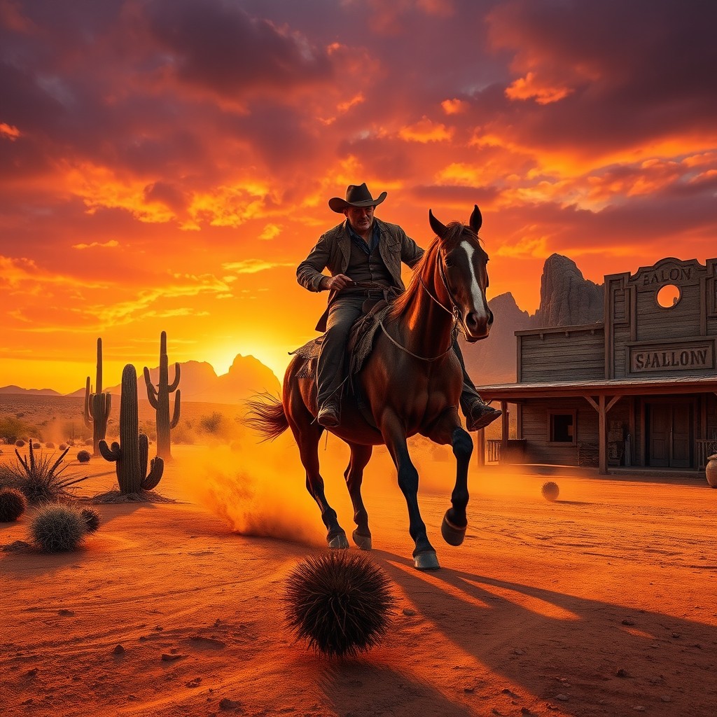 A dramatic scene set in the Wild West, featuring a rugged cowboy on horseback galloping through a vast, dusty landscape dotted with cacti and rocky mountains in the background