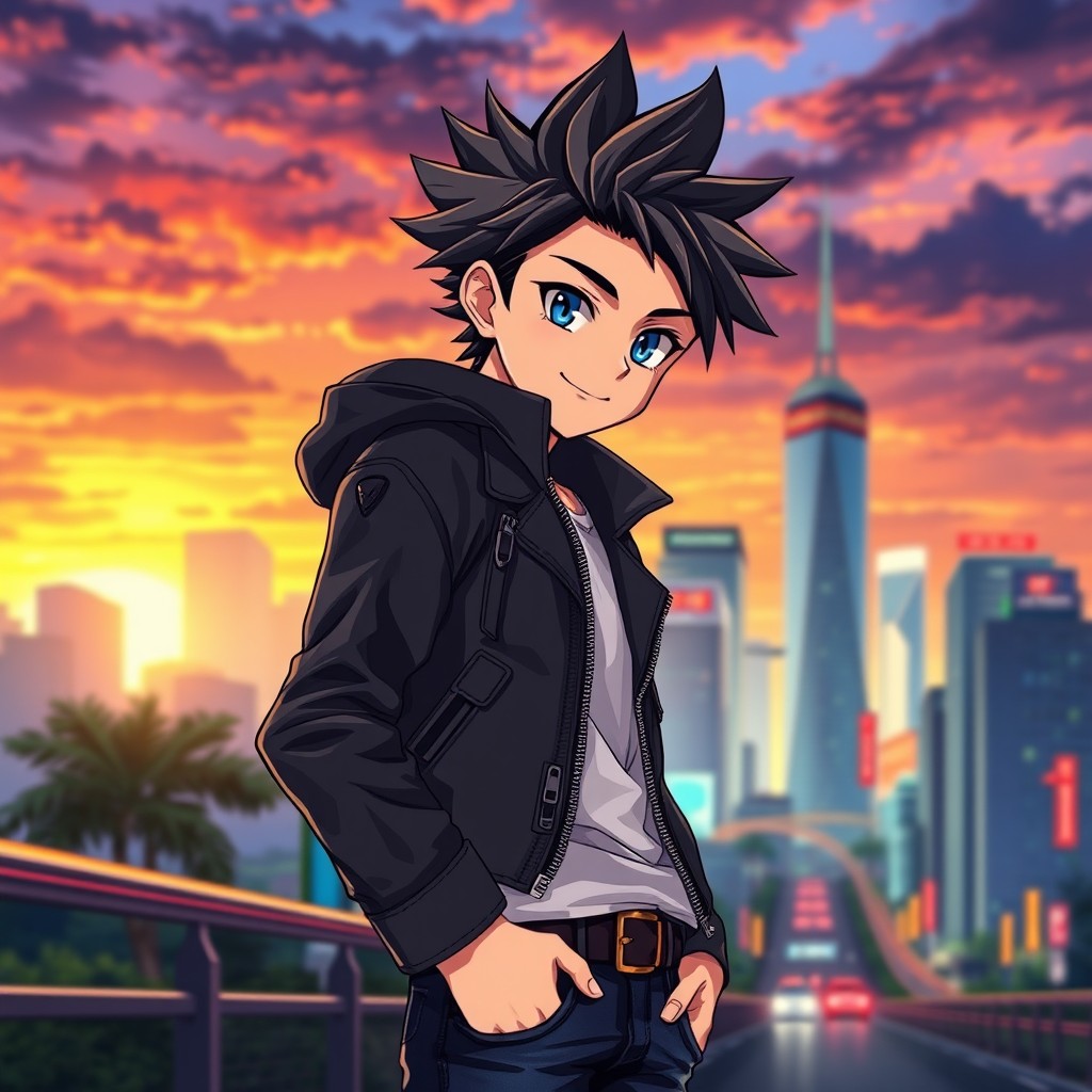 A handsome young anime character with striking features, bright blue eyes, and spiky black hair