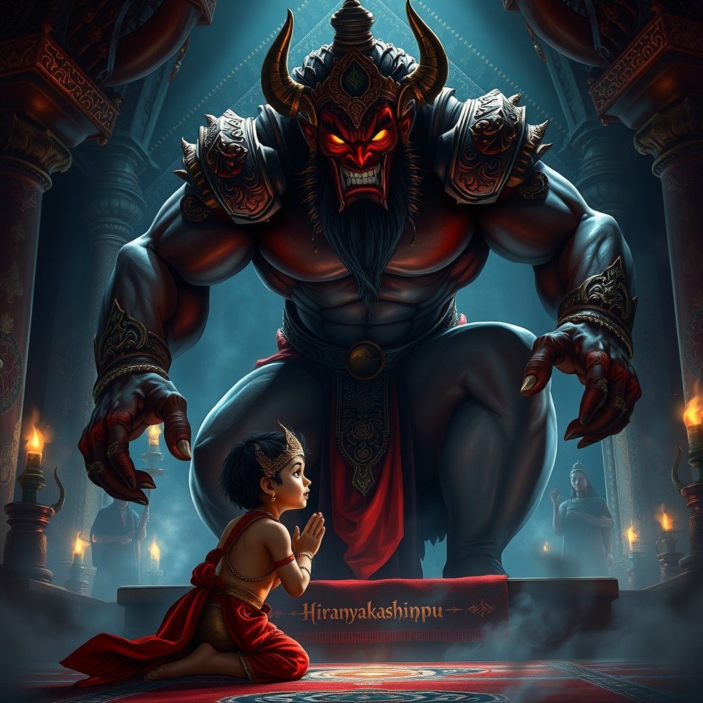 A dramatic scene depicting Hiranyakashipu, a fearsome demon king with a muscular build and glowing eyes, towering over his young son Prahlada
