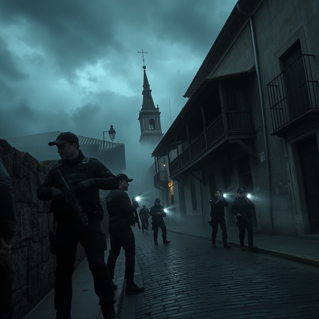 A tense psychological thriller scene set in Ouro Preto, Brazil, featuring historical colonial architecture and cobblestone streets
