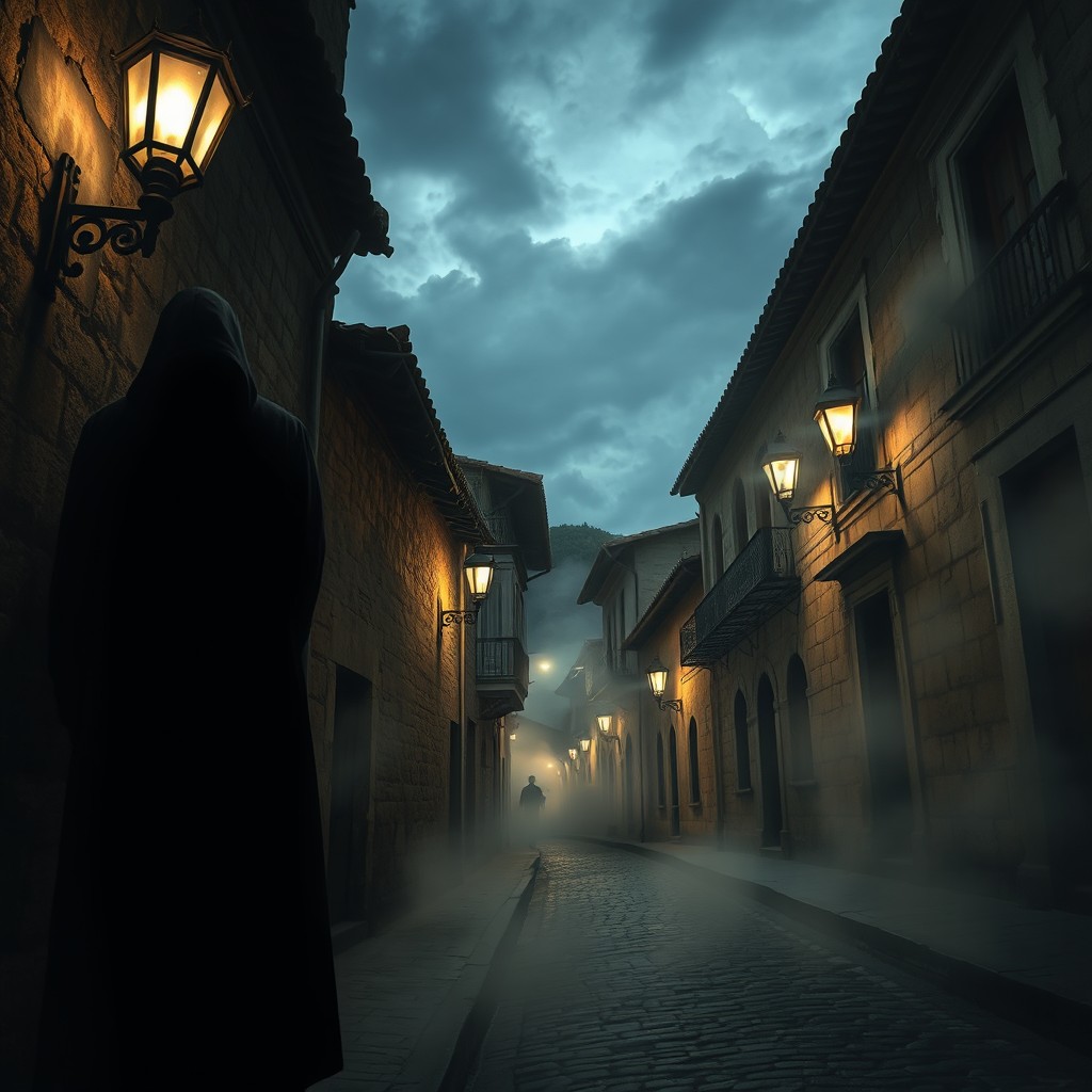 A captivating psychological thriller scene set in the historic town of Ouro Preto, Brazil, where someone lurks in the shadows