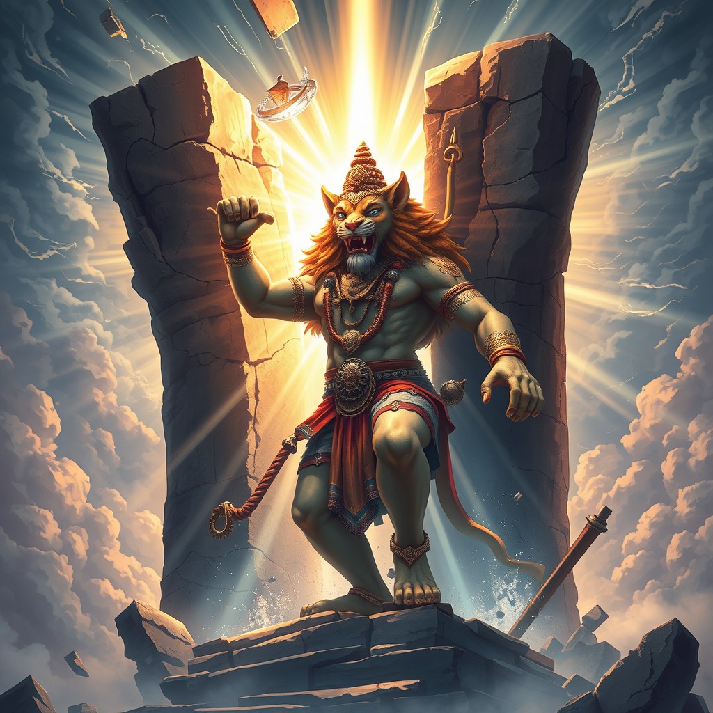 An awe-inspiring illustration of Narasimha, the half-lion, half-man avatar of Vishnu, emerging from a massive pillar that is cracking apart