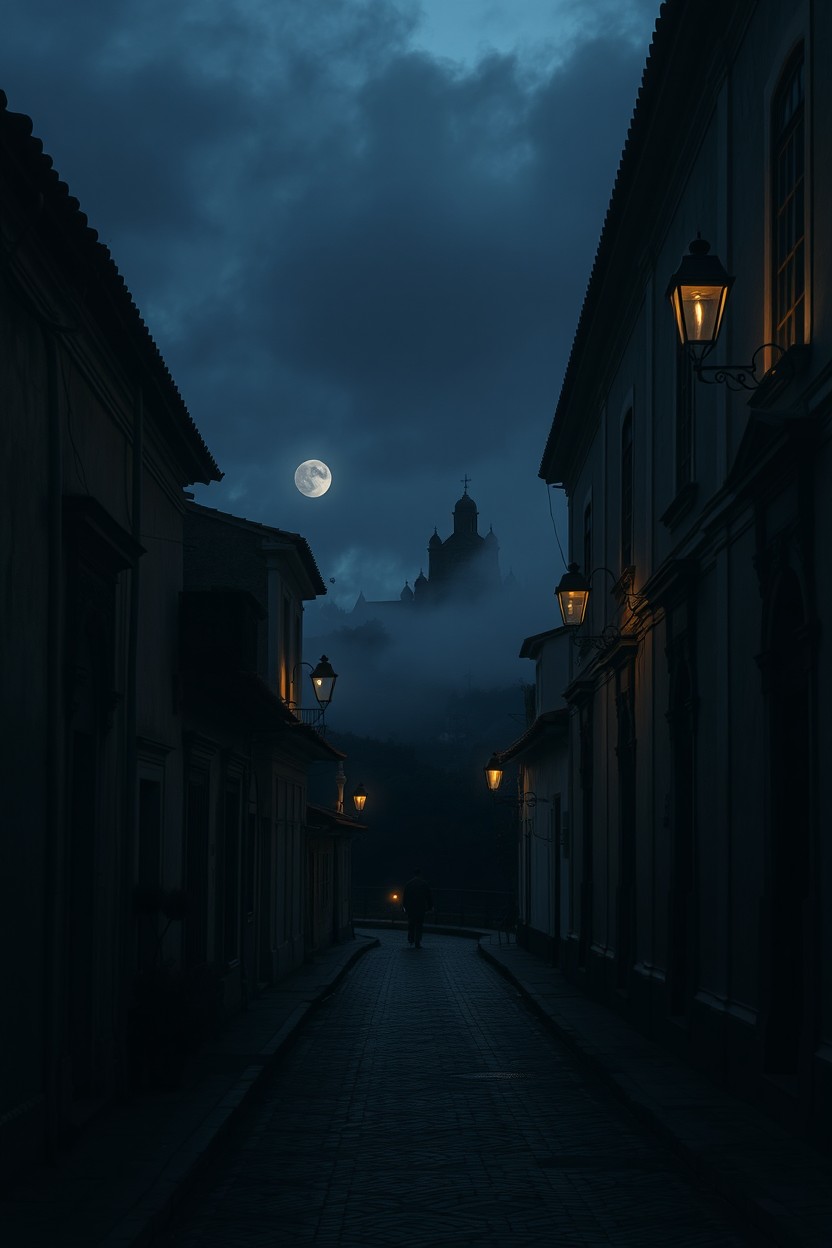 A gripping psychological thriller scene capturing the essence of Ouro Preto, Brazil, with its stunning colonial architecture and winding cobblestone streets under a brooding sky