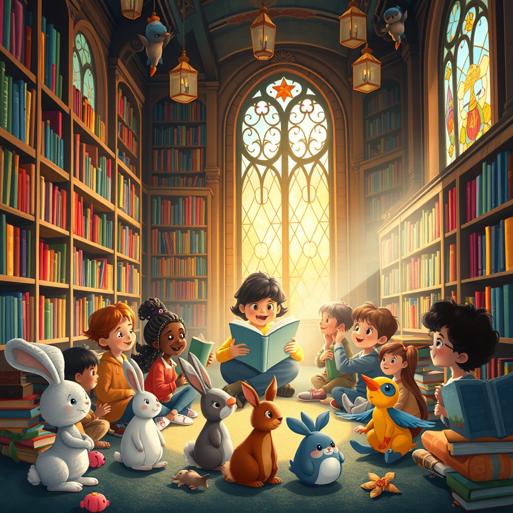 A whimsical and enchanting library scene filled with children and animals engaging in story time