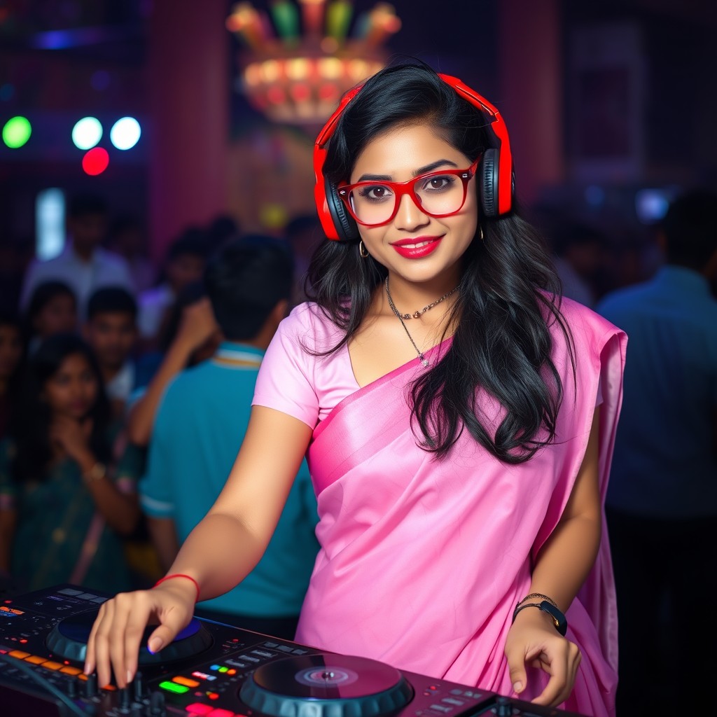A 22-year-old woman dressed in a fashionable pink short blouse and a matching pink saree, exuding elegance and style