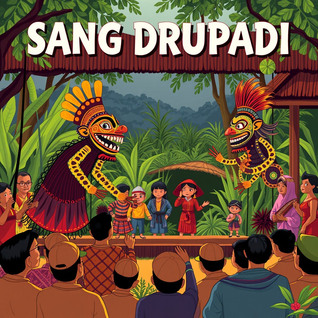 A vibrant and dynamic illustration representing 'SANG DRUPADI' as a cultural performance in the form of Wayang (shadow puppetry), showcasing traditional Indonesian art