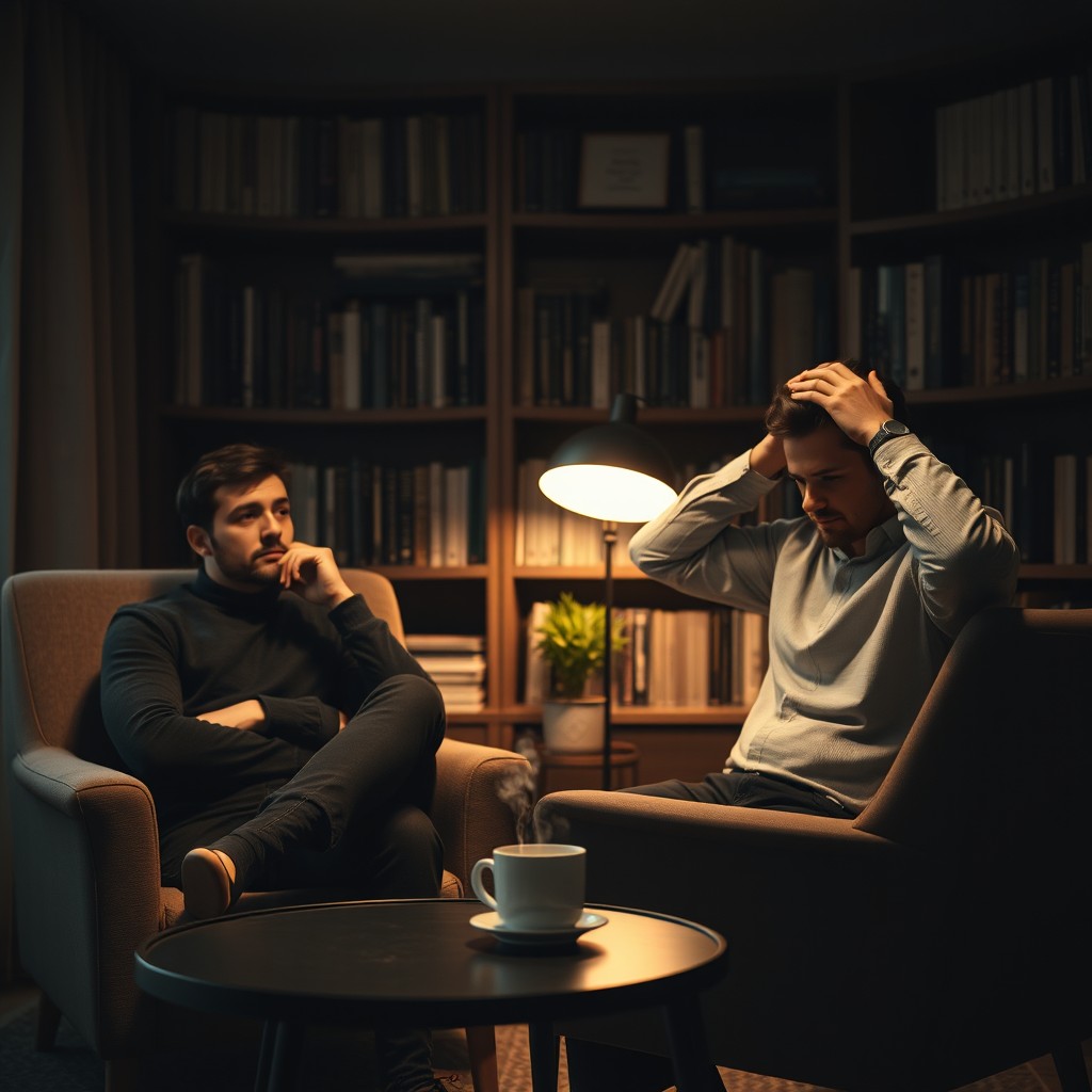 A cozy psychologist's office with dark, moody lighting that creates an intimate atmosphere