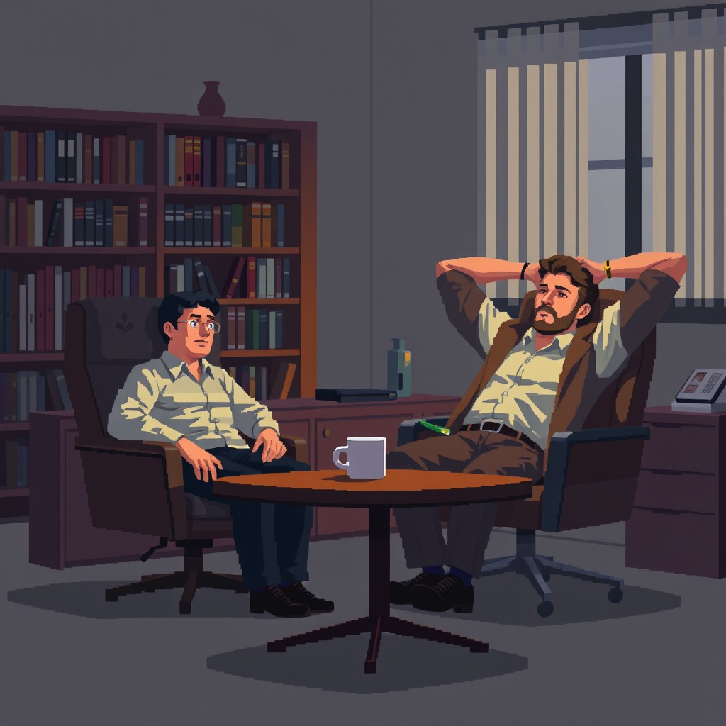 A pixel art depiction of a psychologist's office characterized by dim lighting that gives a subtle atmosphere