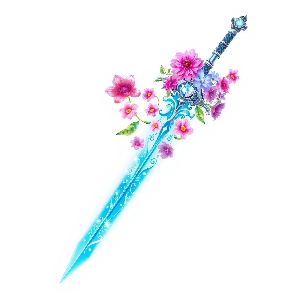 A magical blooming sword, intricately designed with vibrant flowers blooming along the blade and hilt, radiating a mystical aura