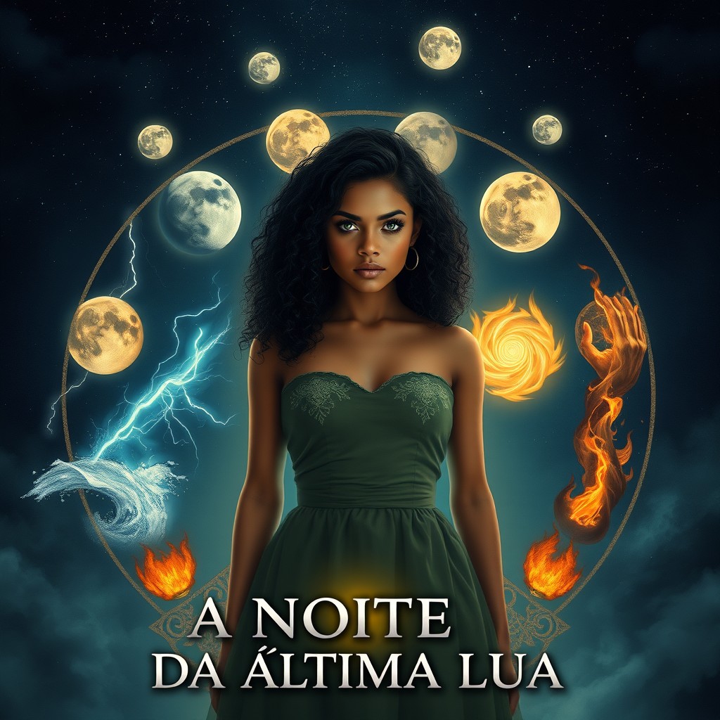 A determined young woman with dark curly hair, brown skin, and green eyes stands at the center of an ancient magical circle