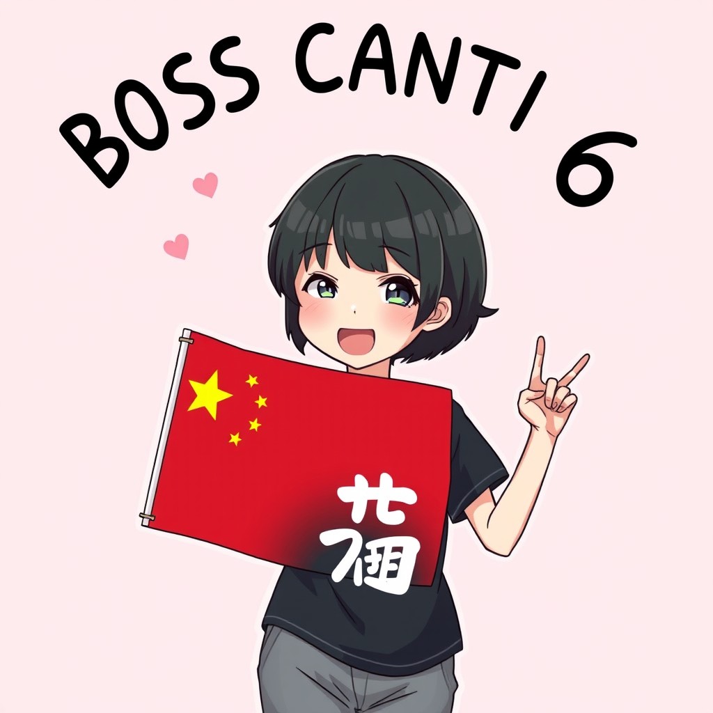 A cheerful teenage girl in anime style, with short black hair and wearing a black t-shirt featuring the text 小可