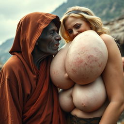 In a medieval village, an elderly malnourished African woman with rotten teeth is dressed in a long, fully closed hooded Buddhist robe