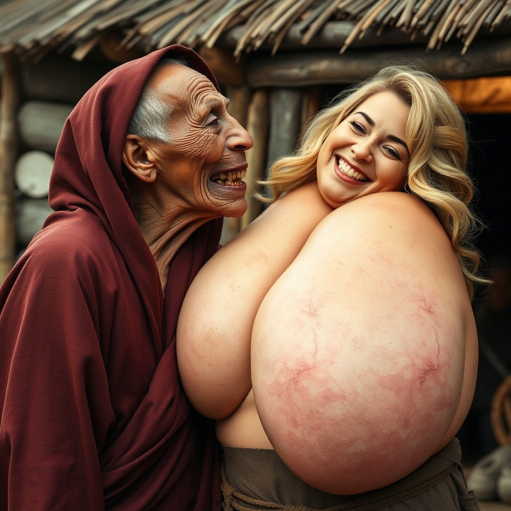 In a medieval village, an elderly malnourished African woman with rotten teeth is dressed in a long, fully closed hooded Buddhist robe