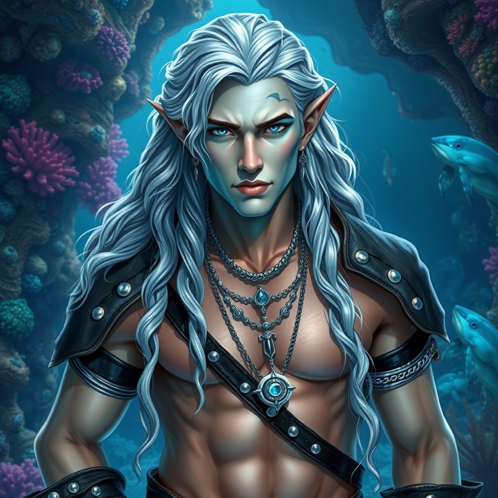 A charming, attractive adult male sea elf with long wavy silver hair cascading down his shoulders, featuring light blue skin that shimmers like the ocean