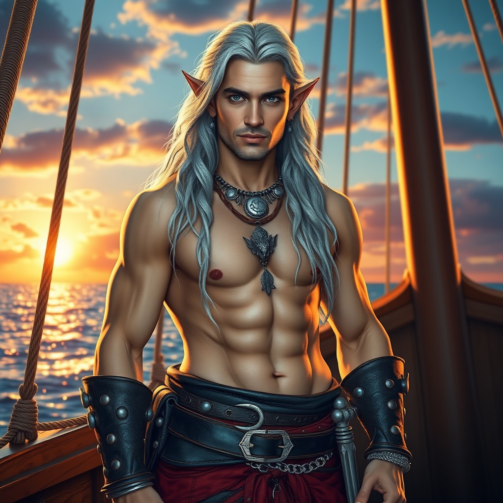A charming, attractive adult male sea elf with long wavy silver hair and light gray-blue skin, standing confidently on the deck of his wooden ship amidst the sparkling sea during a stunning sunset