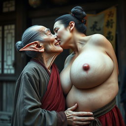 In a medieval Chinese village, an elderly Chinese woman, notably short and emaciated with rotten teeth and elf-like ears, is dressed in a long, fully closed Buddhist robe