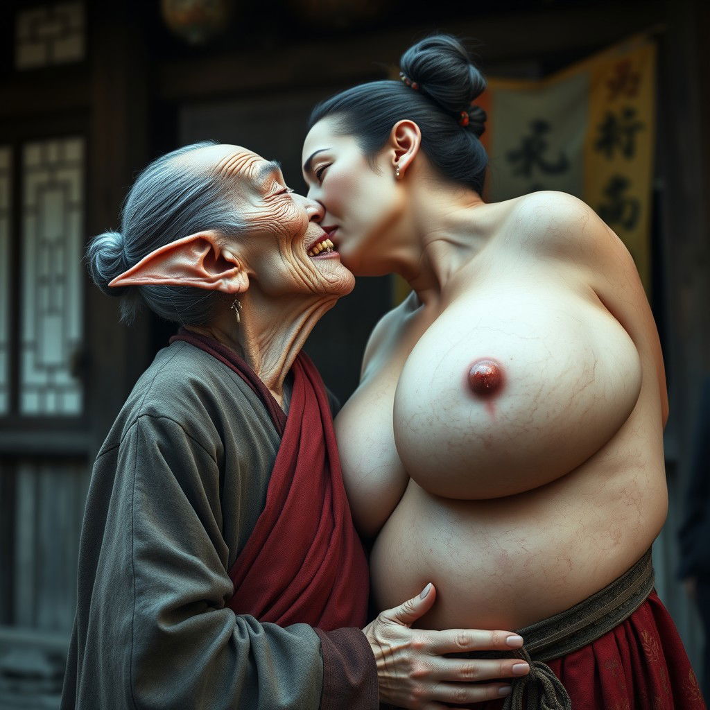 In a medieval Chinese village, an elderly Chinese woman, notably short and emaciated with rotten teeth and elf-like ears, is dressed in a long, fully closed Buddhist robe