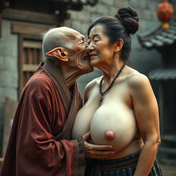 In a medieval Chinese village, an elderly Chinese woman, notably short and emaciated with rotten teeth and elf-like ears, is dressed in a long, fully closed Buddhist robe