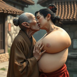 In a medieval Chinese village, an elderly Chinese woman, notably short and emaciated with rotten teeth and elf-like ears, is dressed in a long, fully closed Buddhist robe