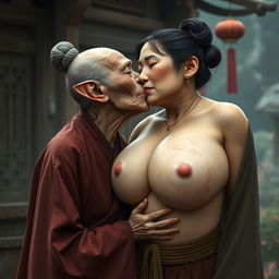 In a medieval Chinese village, an elderly Chinese woman, notably short and emaciated with rotten teeth and elf-like ears, is dressed in a long, fully closed Buddhist robe