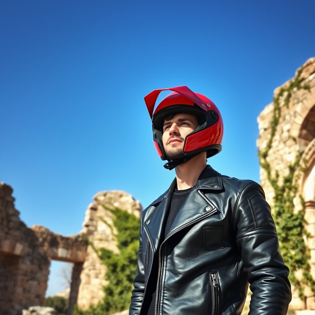 A male figure wearing a striking red motorcycle helmet and a sleek black leather jacket, standing confidently against a backdrop of ancient ruins