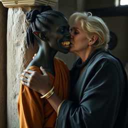 In a medieval room beside a stone pillar, a young, malevolent African woman, around 30 years old, is depicted with deeply dark black skin and a notably low stature