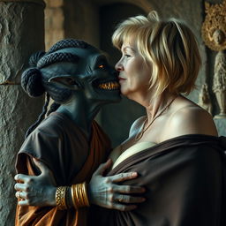 In a medieval room beside a stone pillar, a young, malevolent African woman, around 30 years old, is depicted with deeply dark black skin and a notably low stature