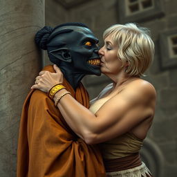 In a medieval room beside a stone pillar, a young, malevolent African woman, around 30 years old, is depicted with deeply dark black skin and a notably low stature