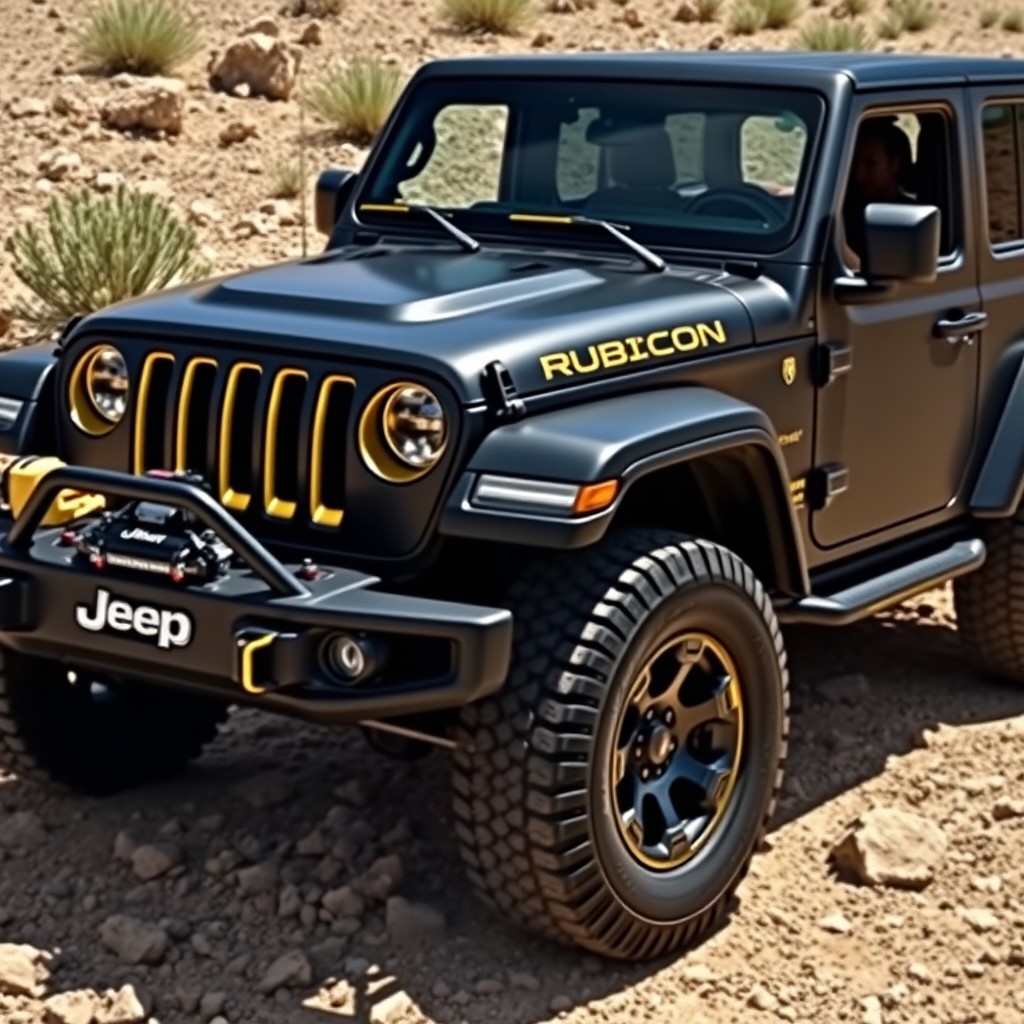 A matte black Jeep Wrangler Rubicon with striking yellow accents in its design, showcasing its rugged and adventurous spirit