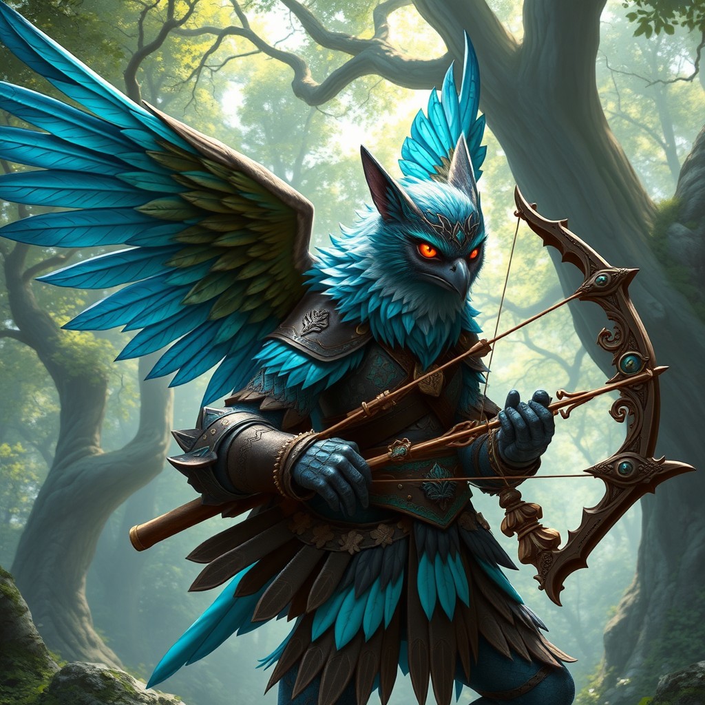 A striking Strix ranger character in a fantasy setting, featuring vibrant feathered wings in shades of blue and teal, dressed in intricate leather armor adorned with nature motifs