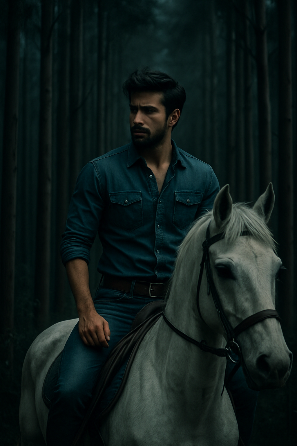 crie uma imagem de um homem em cima de um cavalo branco baseado na imagem acima, com um fundo da plantação de Eucalipto, estilo Thriller Psicologico